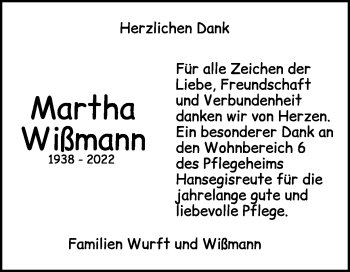 Traueranzeige von Martha Wißmann von Heidenheimer Zeitung