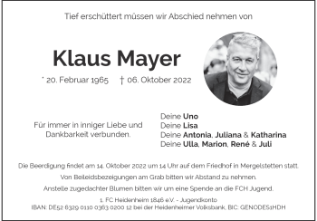Traueranzeige von Klaus Mayer von Heidenheimer Zeitung