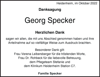 Traueranzeige von Georg Specker von Heidenheimer Zeitung