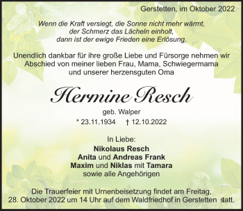 Traueranzeige von Hermine Resch von Heidenheimer Zeitung