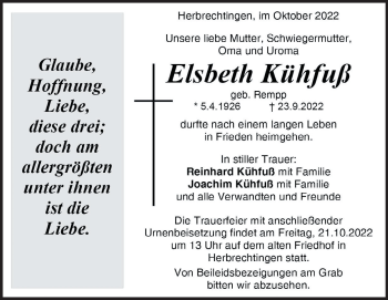 Traueranzeige von Elsbeth Kühfuß von Heidenheimer Zeitung