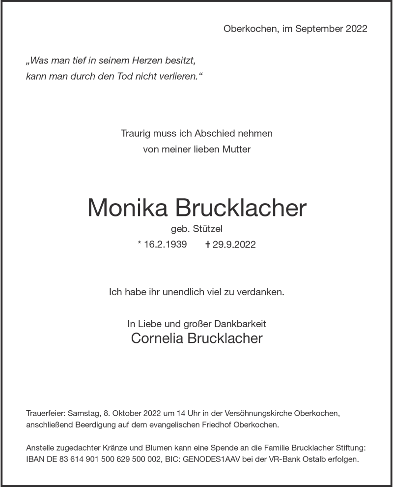  Traueranzeige für Monika Brucklacher vom 01.10.2022 aus Heidenheimer Zeitung