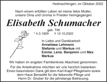 Traueranzeige von Elisabeth Schumacher von Heidenheimer Zeitung