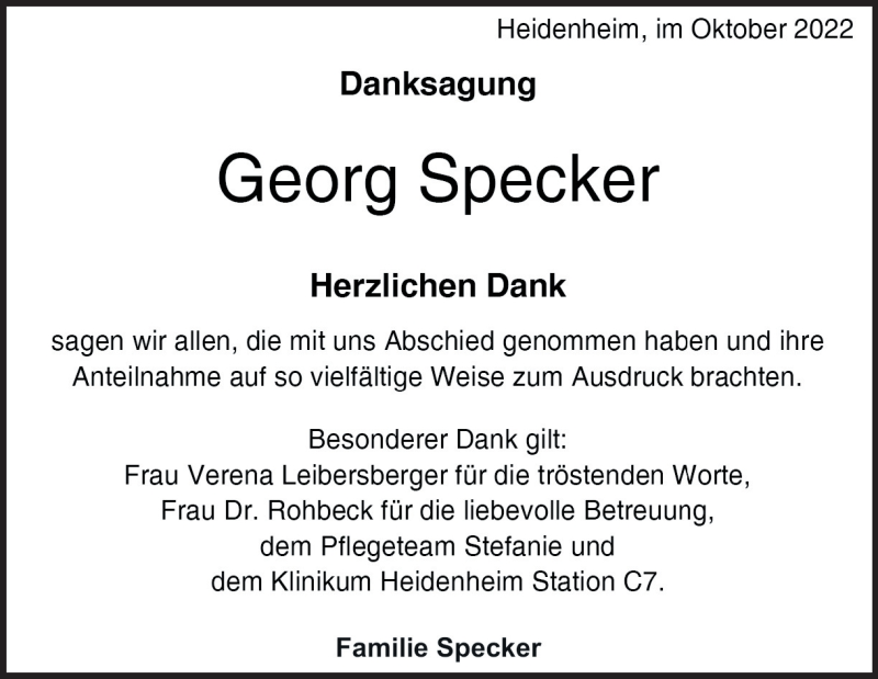  Traueranzeige für Georg Specker vom 01.10.2022 aus Heidenheimer Zeitung
