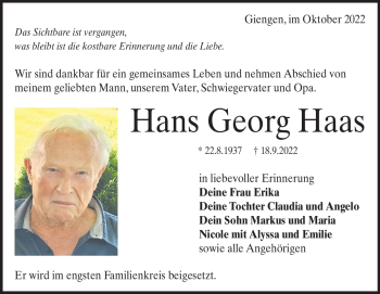 Traueranzeige von Hans Haas von Heidenheimer Zeitung