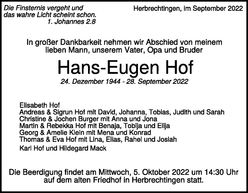  Traueranzeige für Hans-Eugen Hof vom 01.10.2022 aus Heidenheimer Zeitung