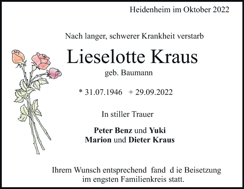  Traueranzeige für Lieselotte Kraus vom 07.10.2022 aus Heidenheimer Zeitung