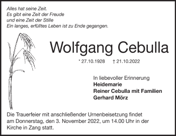Traueranzeige von Wolfgang Cebulla von Heidenheimer Zeitung