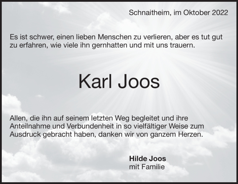  Traueranzeige für Karl Joos vom 01.10.2022 aus Heidenheimer Zeitung