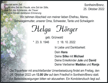 Traueranzeige von Helga Hörger von Heidenheimer Zeitung
