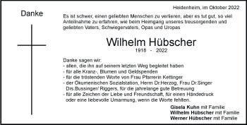 Traueranzeige von Wilhelm Hübscher von Heidenheimer Zeitung