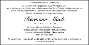 Traueranzeige von Hermann Mäck von Heidenheimer Zeitung