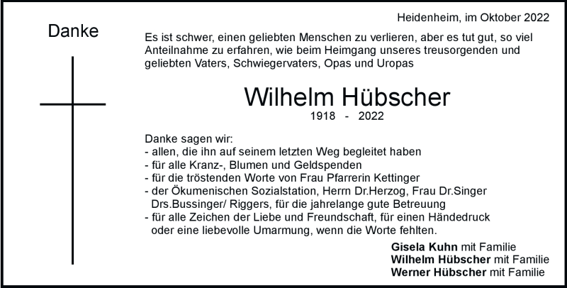  Traueranzeige für Wilhelm Hübscher vom 17.10.2022 aus Heidenheimer Zeitung