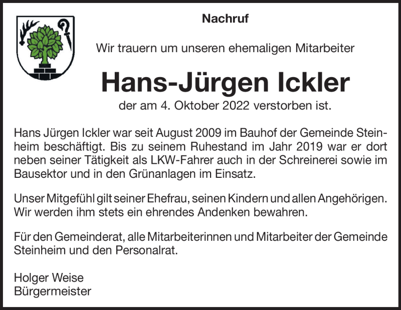  Traueranzeige für Hans-Jürgen Ickler vom 11.10.2022 aus Heidenheimer Zeitung