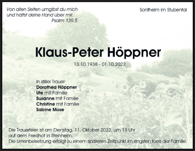  Traueranzeige für Klaus-Peter Höppner vom 06.10.2022 aus Heidenheimer Zeitung