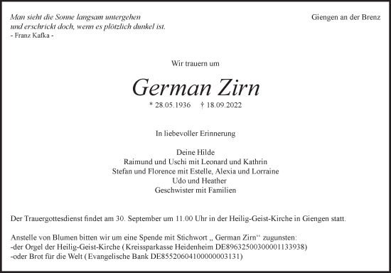 Traueranzeige von German Zirn von Heidenheimer Zeitung
