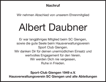 Traueranzeige von Albert Daubner von Heidenheimer Zeitung