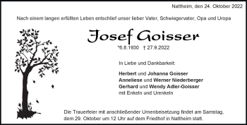 Traueranzeige von Josef Goisser von Heidenheimer Zeitung