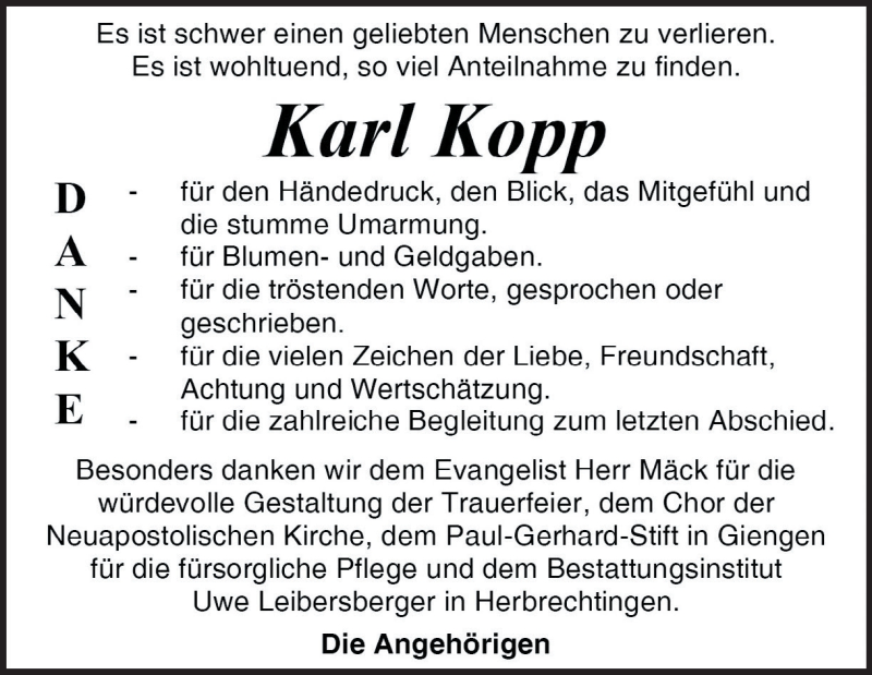  Traueranzeige für Karl Kopp vom 01.10.2022 aus Heidenheimer Zeitung