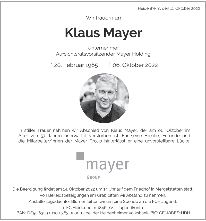  Traueranzeige für Klaus Mayer vom 11.10.2022 aus Heidenheimer Zeitung