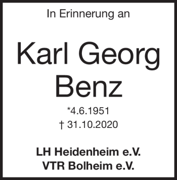 Traueranzeige von Karl Georg Benz von Heidenheimer Zeitung
