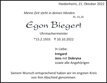 Traueranzeige von Egon Biegert von Heidenheimer Zeitung
