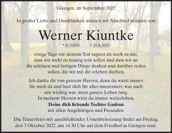 Traueranzeige von Werner Kiuntke von Heidenheimer Zeitung