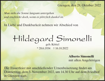 Traueranzeige von Hildegard Simonelli von Heidenheimer Zeitung