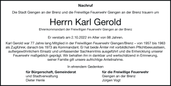 Traueranzeige von Karl Gerold von Heidenheimer Zeitung