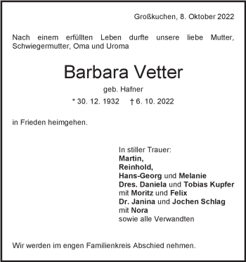 Traueranzeige von Barbara Vetter von Heidenheimer Zeitung