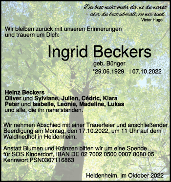 Traueranzeige von Ingrid Beckers von Heidenheimer Zeitung