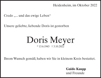 Traueranzeige von Doris meyer von Heidenheimer Zeitung
