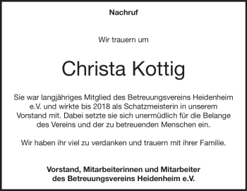 Traueranzeige von Christa Kottig von Heidenheimer Zeitung