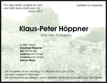 Traueranzeige von Klaus-Peter Höppner von Heidenheimer Zeitung