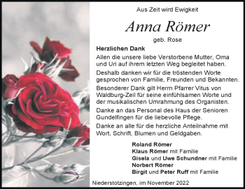 Traueranzeige von Anna Römer von Heidenheimer Zeitung