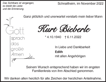 Traueranzeige von Kurt Bieberle von Heidenheimer Zeitung
