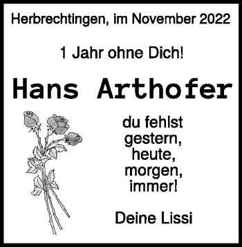 Traueranzeige von Hans Arthofer von Heidenheimer Zeitung