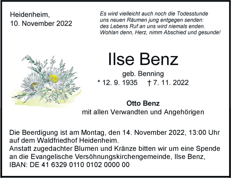  Traueranzeige für Ilse Benz vom 10.11.2022 aus Heidenheimer Zeitung