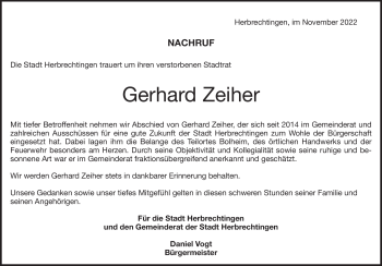 Traueranzeige von Gerhard Zeiher von Heidenheimer Zeitung
