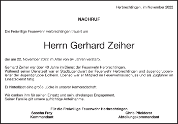Traueranzeige von Gerhard Zeiher von Heidenheimer Zeitung