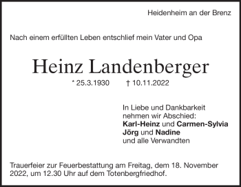 Traueranzeige von Heinz Landenberger von Heidenheimer Zeitung