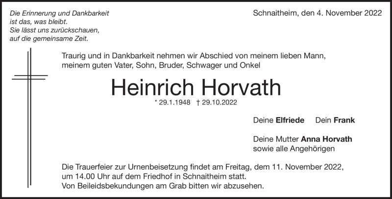  Traueranzeige für Heinrich Horvath vom 04.11.2022 aus Heidenheimer Zeitung