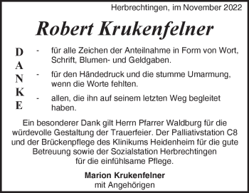 Traueranzeige von Robert Krukenfelner von Heidenheimer Zeitung