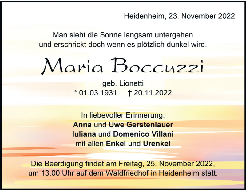  Traueranzeige für Maria Boccuzzi vom 23.11.2022 aus Heidenheimer Zeitung