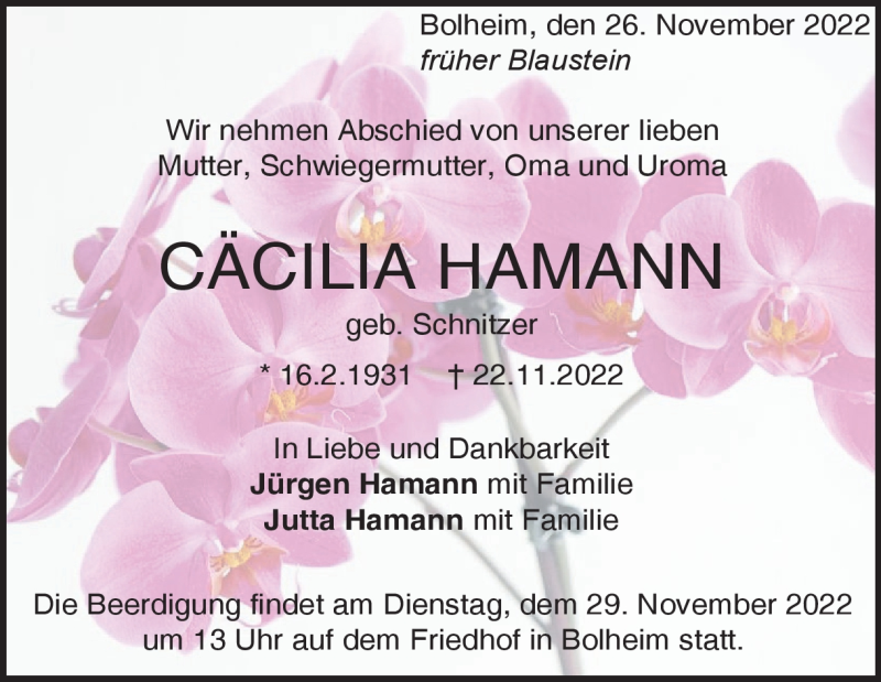  Traueranzeige für Cäcilia Hamann vom 26.11.2022 aus Heidenheimer Zeitung
