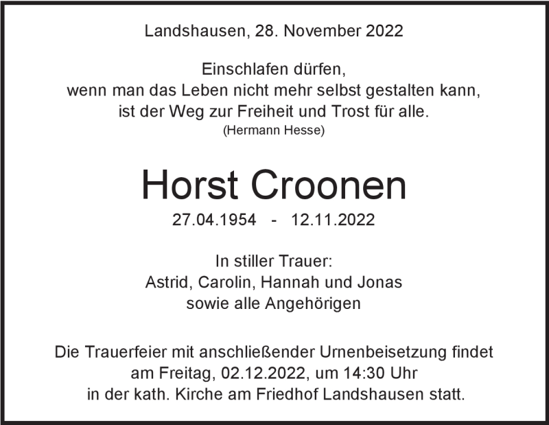  Traueranzeige für Horst Croonen vom 28.11.2022 aus Heidenheimer Zeitung