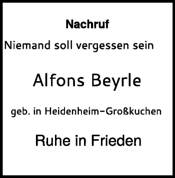 Traueranzeige von Alfons  Beyrle von Heidenheimer Zeitung