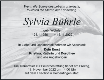 Traueranzeige von Sylvia Bührle von Heidenheimer Zeitung