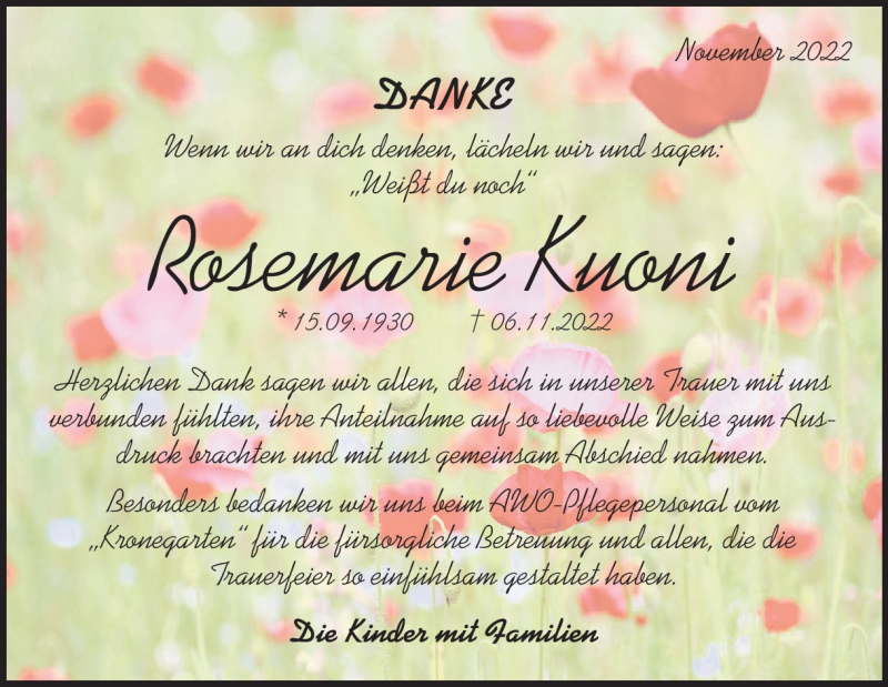  Traueranzeige für Rosemarie Kuoni vom 26.11.2022 aus Heidenheimer Zeitung