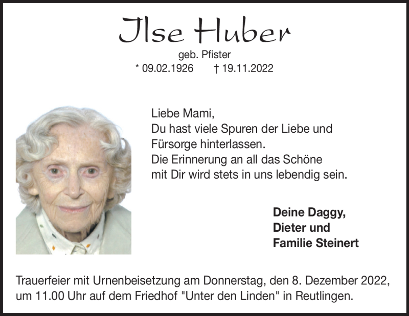  Traueranzeige für Ilse Huber vom 26.11.2022 aus Heidenheimer Zeitung